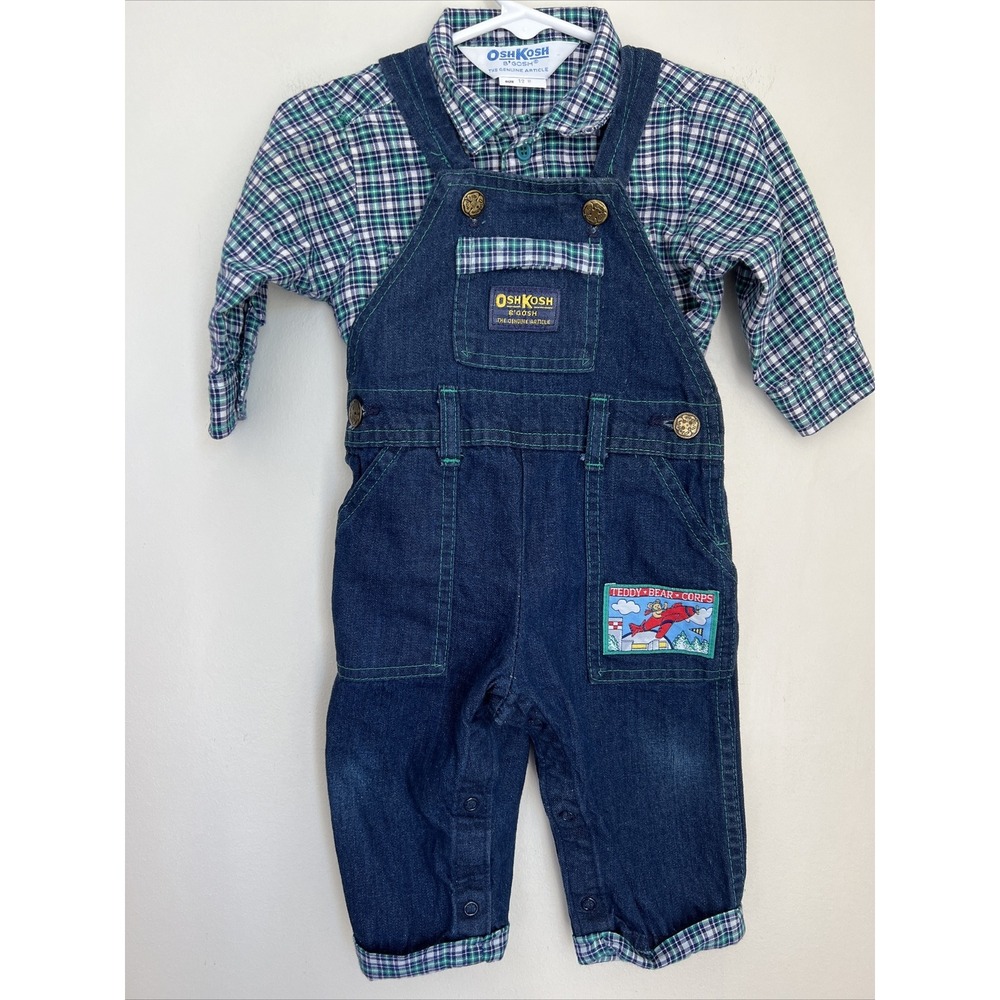 Vtg Oshkosh Vestbak Denim Bib Overalls Plaid Shirt Set Boys 12M USA RARE Plane
